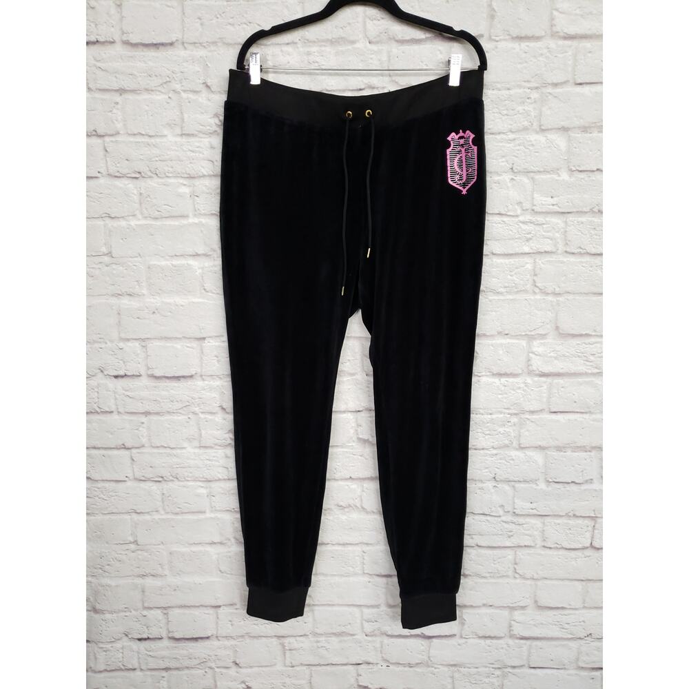 Juicy Couture 90s Y2K Black Velour Track Pants Drawstring Elastic Waist Bling XL